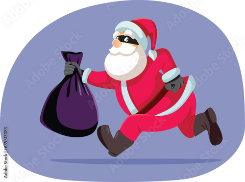 Santa Thief Holding a Bag of Stolen Gifts Vector Cartoon. Robber Santa committing crime during the holidays 
