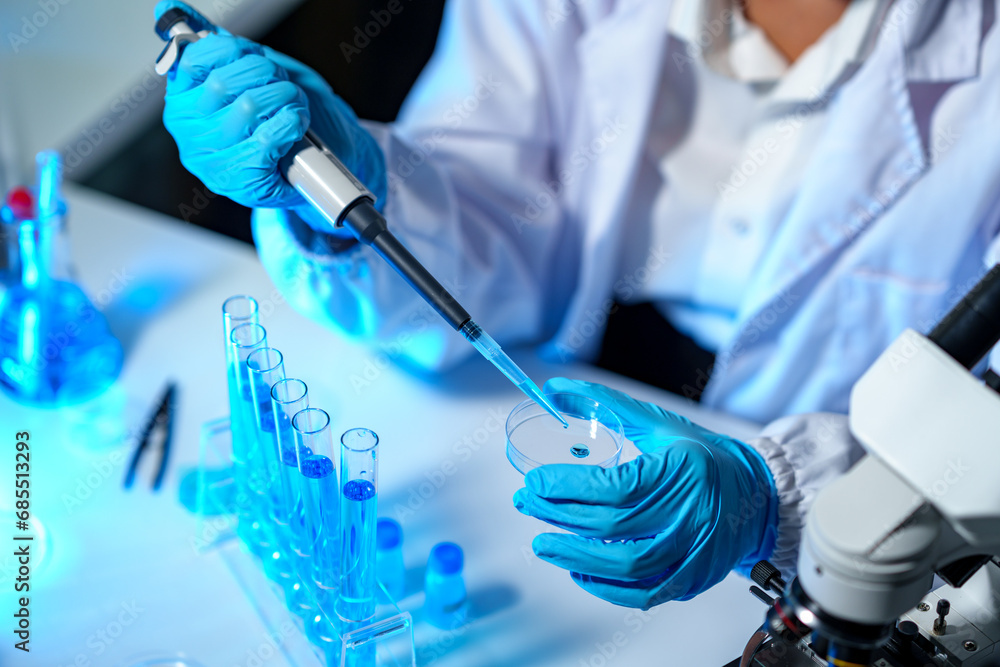 Fototapeta premium research laboratory. Female scientist uses micro pipette to release chemical liquid into test tube petri dish for test analysis for medicine. Concept of scientific research and development in biology