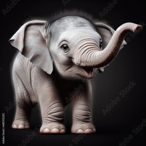 gorgeous baby elephant with trunk raised on black