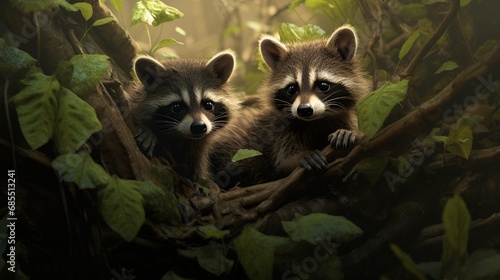 Curious baby raccoons exploring a lush forest, their masked faces peeking out from behind trees, with dappled sunlight filtering through the leaves and illuminating their fur.