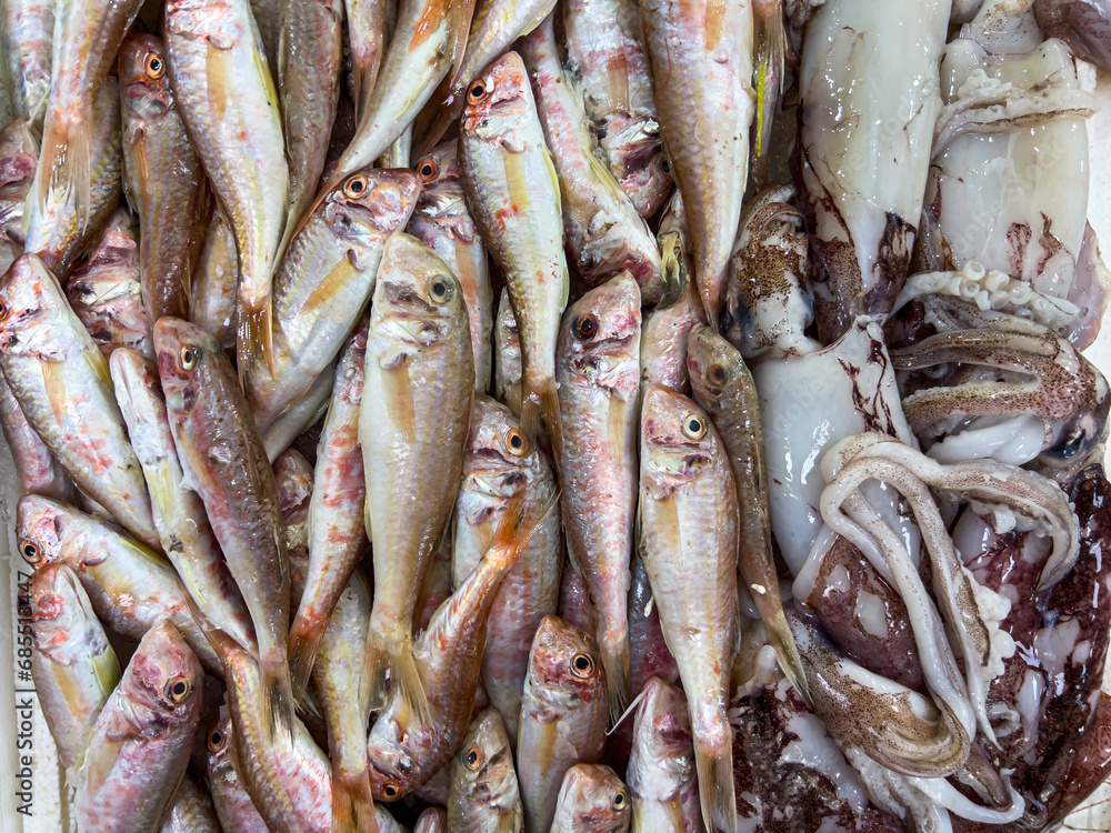 Top view of raw red mullet fish on ice on display at seafood fish market