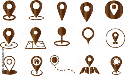 Conjunto de Vector de Iconos de Navegación, Marcadores de Ubicación, Pines de Mapa. Marrón, Varios Estilos, Diseños para Viajes, Turismo, Navegación. Incluye Círculo, Cuadrado, Triángulo, Línea