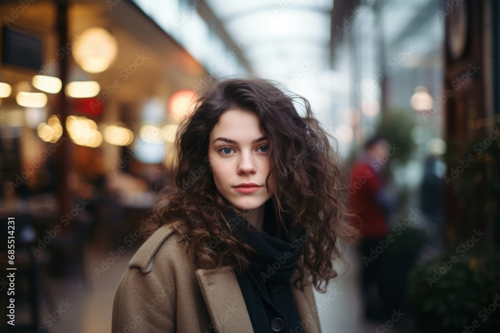 Portrait of young beautiful woman with curly hair in a coat in a shopping center