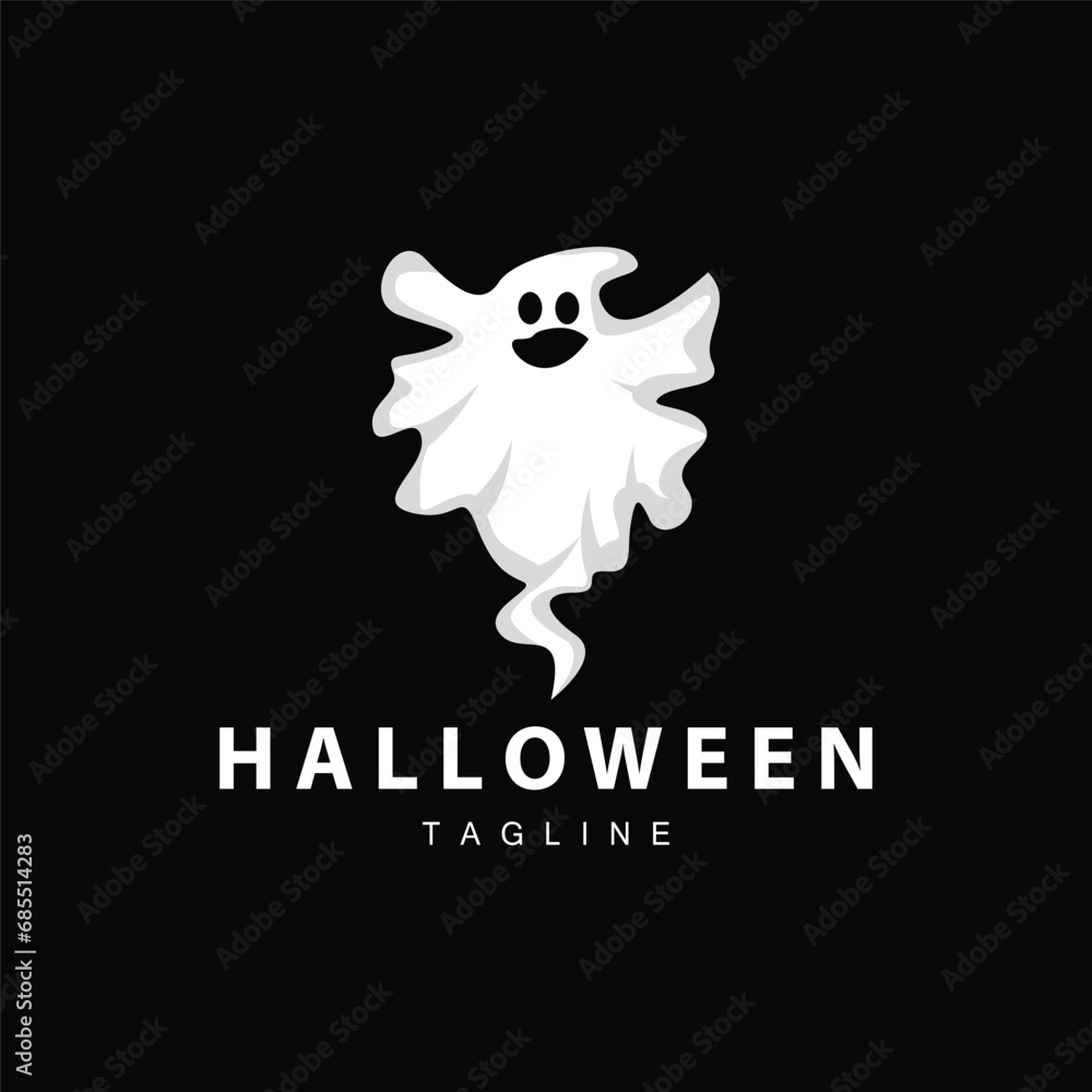 Fototapeta premium Spooky Ghost Logo, Simple Halloween Cartoon Devil Design Illustration Template Black Background