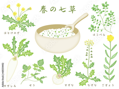 春の七草の素材セット　七草の名前付き七草粥のイラスト　ベクターイラスト　手描き　春の七草のクリップアート　アイコン集