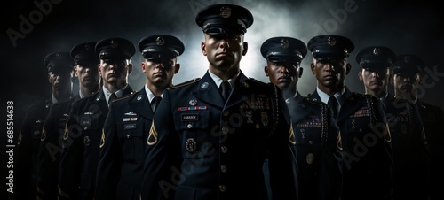 Cinematic Display of Military Strength - Soldiers in Formation, Powerful and Disciplined, Dark Background photo