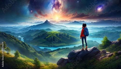 generative ai  幻想的な夜空と自然が混在した風景を眺める冒険者 photo