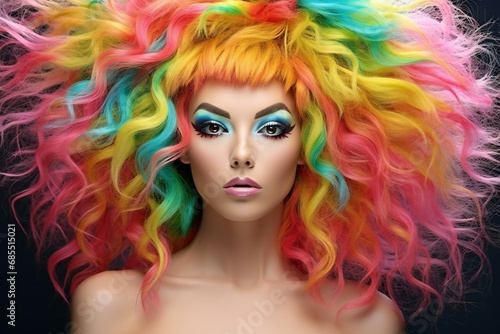 Portrait of a beautiful young woman with bright makeup and colorful hair