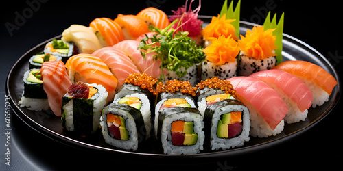 A plate of sushi and rolls with the word sushi on it,, Salmon sushi roll isolated on transparent background Generative Ai