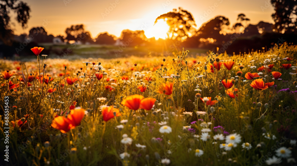 Field of Flowers at Sunset. Generative Ai
