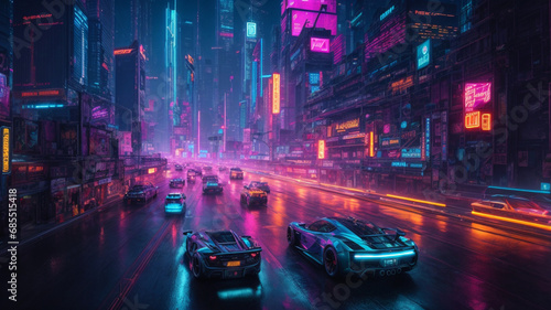A mesmerizing depiction of a cyberpunk city in a futuristic fantasy world, showcasing towering skyscrapers, flying cars, and vibrant neon lights against a spectacular nighttime backdrop. This digital  © Ray NADEEM AHMAD