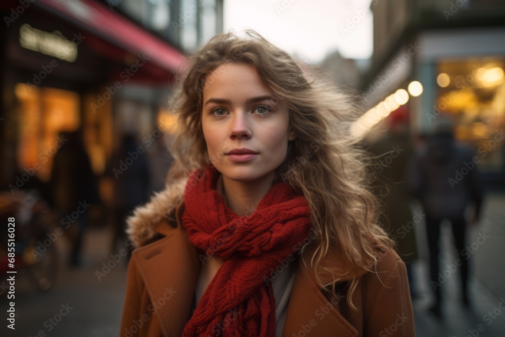 Portrait of a young beautiful woman in a coat on the street