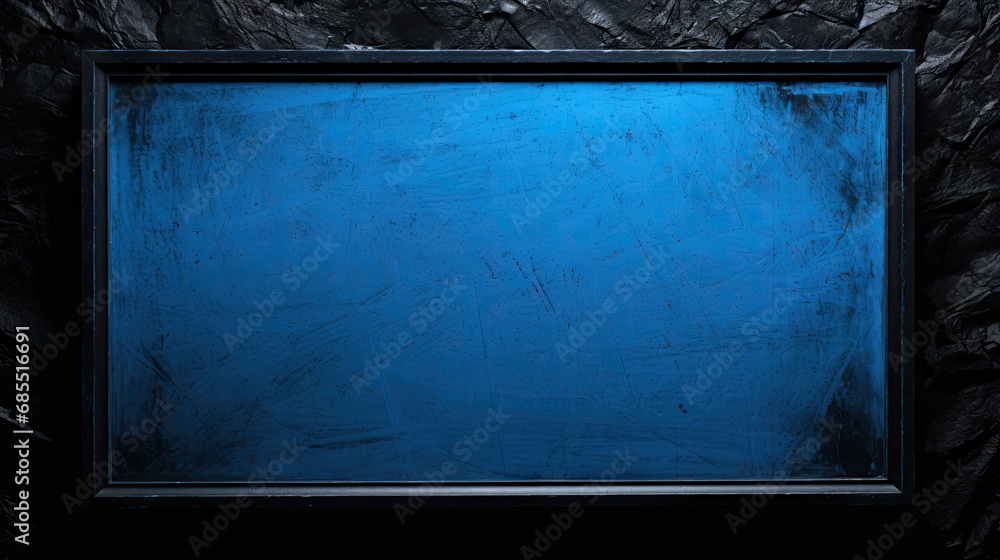 blue border frame on black background blank template mockup chalkboard blackboard - obrazy, fototapety, plakaty 