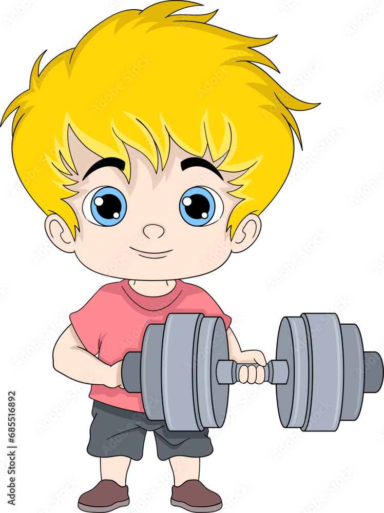 Blonde haired toddler boy is lifting dumbbells for fitness Blonde haired toddler boy is lifting dumbbells for fitness