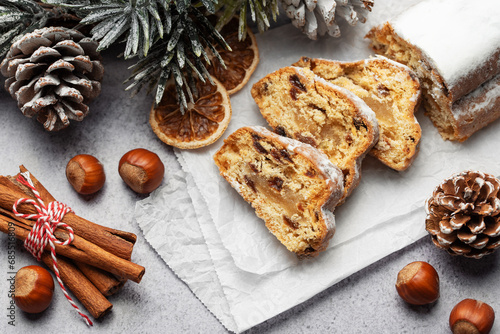 Christmas stollen with winter holidays decoration.
