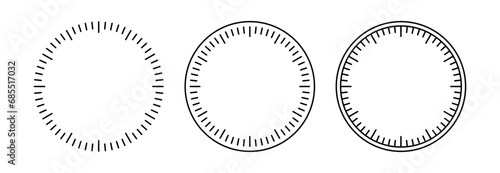 Blank mechanical clock face divided into seconds and minutes. Round meter scale. Watch dial. Timer template. Simple clock face. Vector illustration on white background.