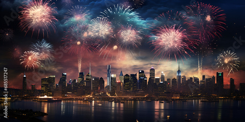 Fireworks over a city with the skyline in the background,,
Fireworks illuminating a cityscape with bursts Generative Ai