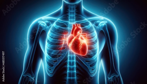 X-ray view of the human chest with a healthy, glowing heart