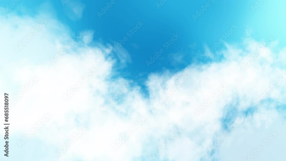 Cloud flying through moving with light blue sky background. White cloudscape atmosphere motion graphics animation. 3D rendering. Cloud flying through moving with light blue sky background. White cloudscape atmosphere motion graphics animation. 3D rendering.