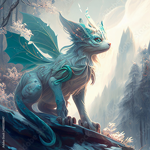 green dragon in the morning with trees and mountains bg Generative AI