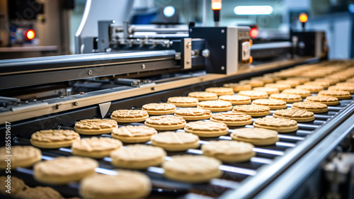 Production line at the bakery, sweet cookies on a conveyor belt. 