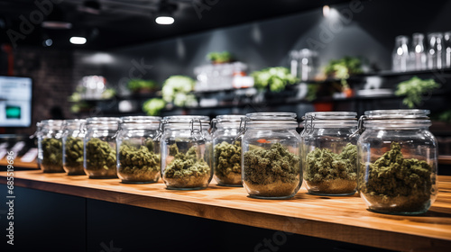marijuana buds in jars on a shelf