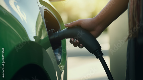 woman charging electric car close up shot
