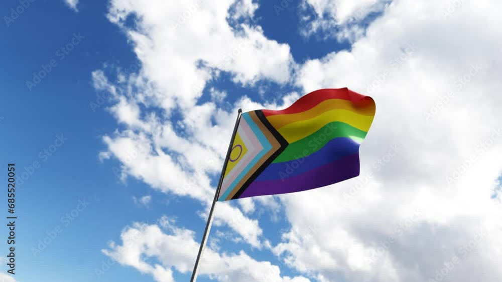 InterSex Inclusive Pride Progress Flag waving in the wind sky background InterSex Inclusive Pride Progress Flag waving in the wind sky background
