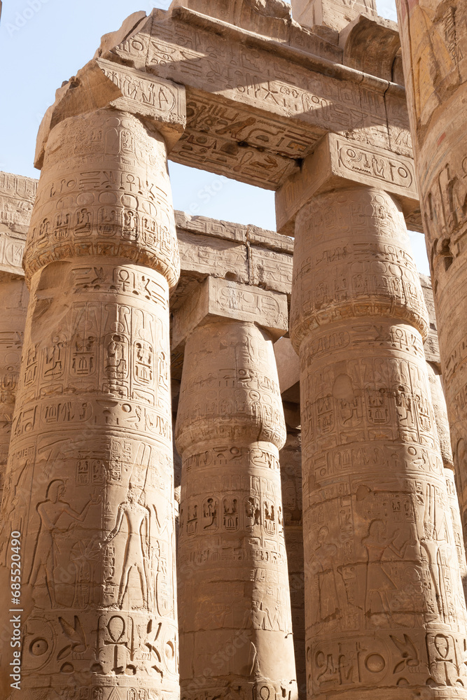 Columns covered with hieroglyphs at the Hypostyle Hall, Karnak Columns covered with hieroglyphs at the Hypostyle Hall, Karnak