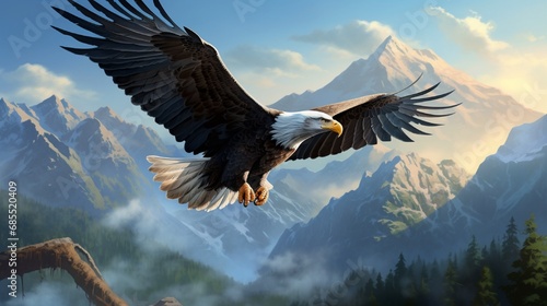 Majestic bald eagle soaring high above a rugged mountain range, its sharp eyes focused on the distant landscape as it searches for prey. © Nature Lover