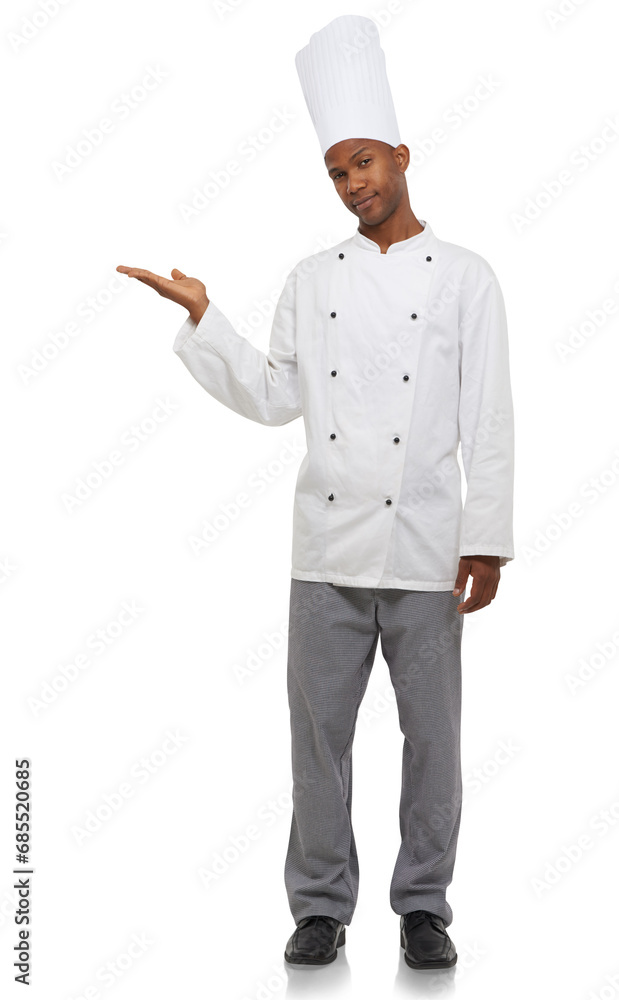 Chef with hand pointing, presentation and portrait isolated on transparent png background with menu deal. Fine dining, hospitality or catering with black man, cook or baker with restaurant promo. Chef with hand pointing, presentation and portrait isolated on transparent png background with menu deal. Fine dining, hospitality or catering with black man, cook or baker with restaurant promo.