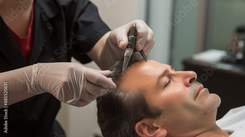 doctor taking measurements of a patient before hair transplant