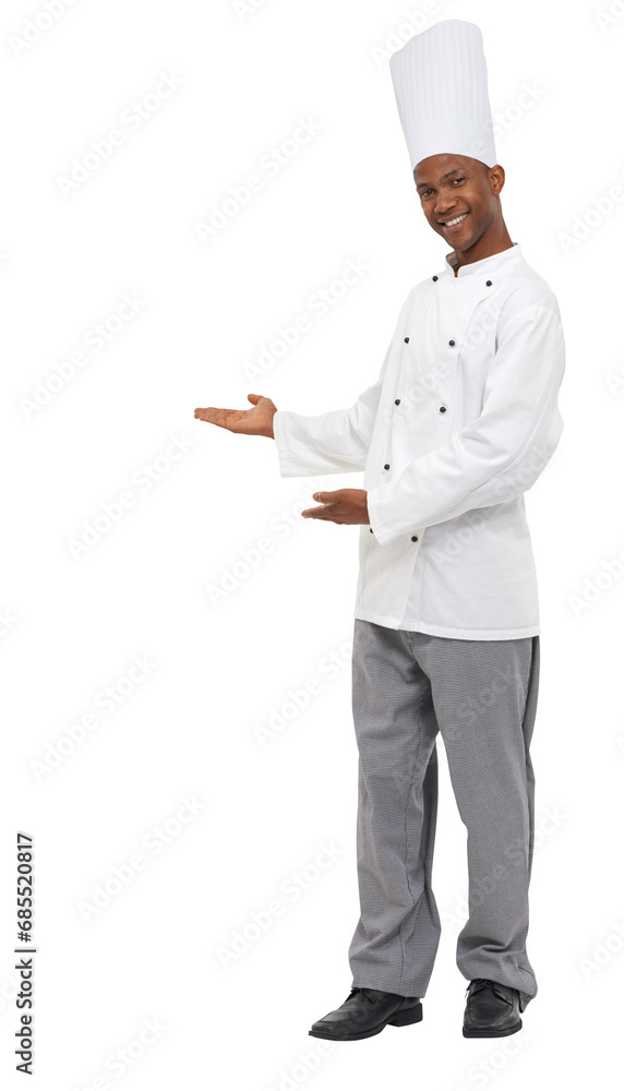 Portrait, chef and black man with promotion, showing or employee isolated on transparent background. African person, model or culinary expert with uniform, happiness or png with opportunity or worker Portrait, chef and black man with promotion, showing or employee isolated on transparent background. African person, model or culinary expert with uniform, happiness or png with opportunity or worker