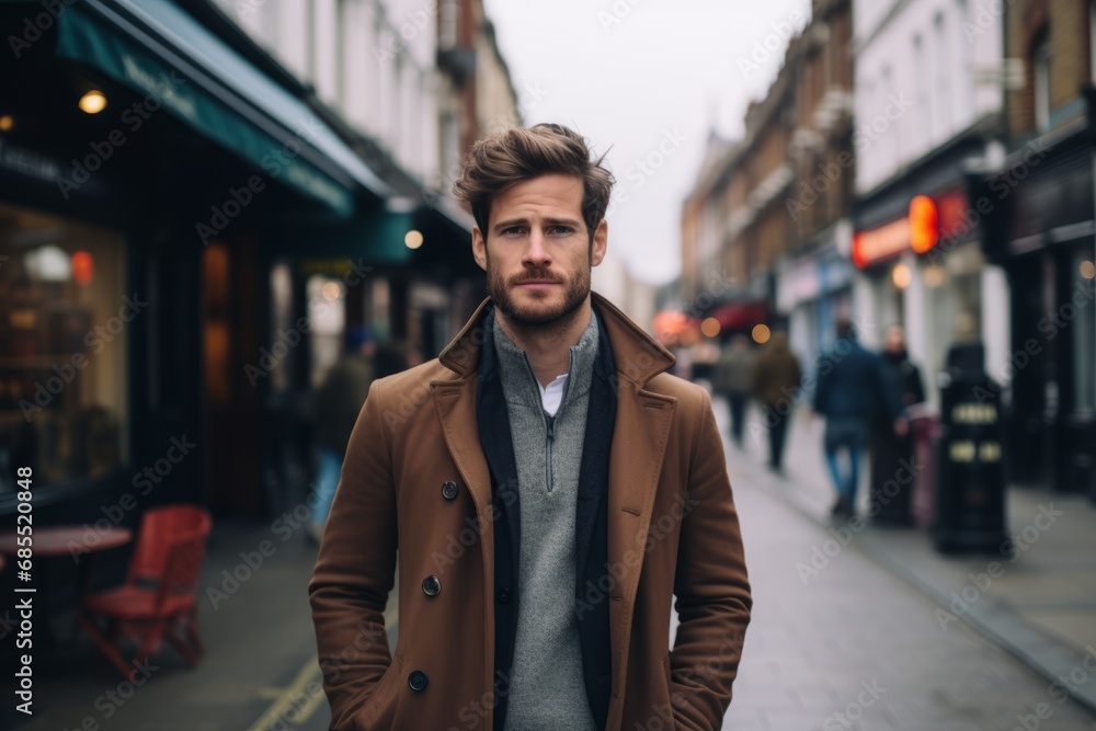 Handsome young man in a coat walking on a city street