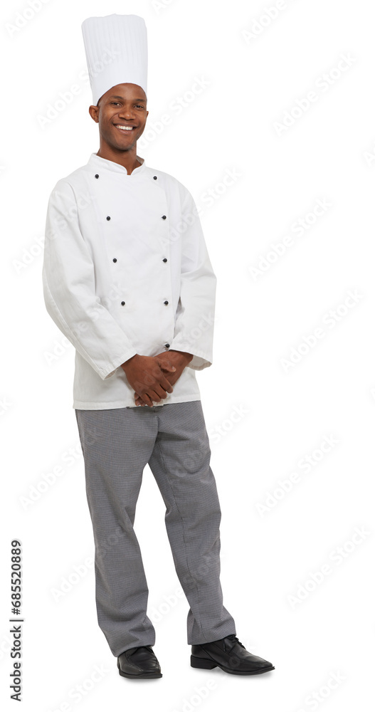 Chef with smile, confidence and portrait isolated on transparent png background with kitchen uniform. Fine dining, hospitality or catering with happy black man, cook or baker with restaurant career.