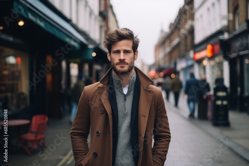 Handsome young man in a coat walking on a city street © Nerea