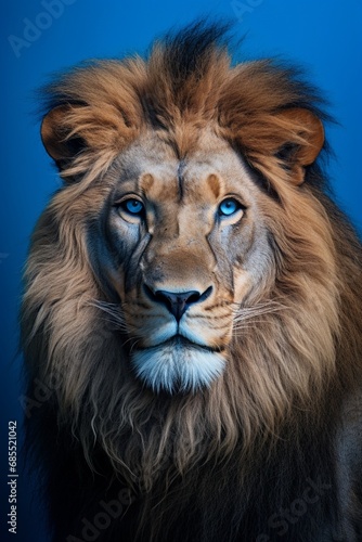 Majestic lion with a confident gaze  isolated on a vibrant blue background.
