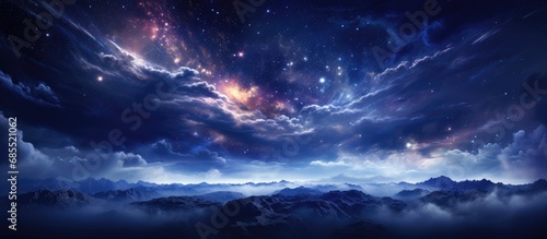 Shimmering night sky with stars and nebula.