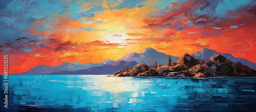 The stunning landscape painted with vibrant blue and red hues forms the picturesque background, as the suns light illuminates the summer sky above the tranquil sea and majestic mountains, creating a