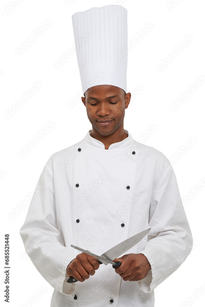 Happy, chef and black man with cooking utensils, uniform and employee isolated on a transparent background. African person, kitchen worker and model with knife, equipment and culinary expert with png