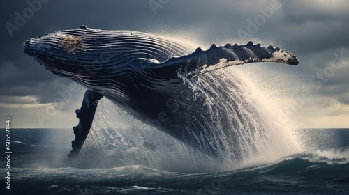 Massive humpback whale breaching the surface of the ocean, water droplets suspended in mid-air, capturing the raw power of the sea.