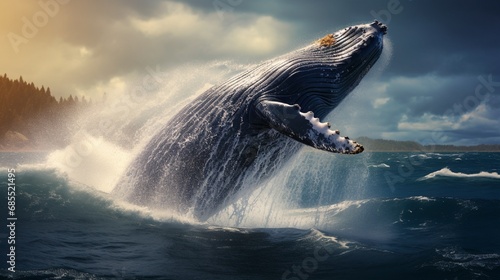 Massive humpback whale breaching the surface of the ocean, water droplets suspended in mid-air, capturing the raw power of the sea.