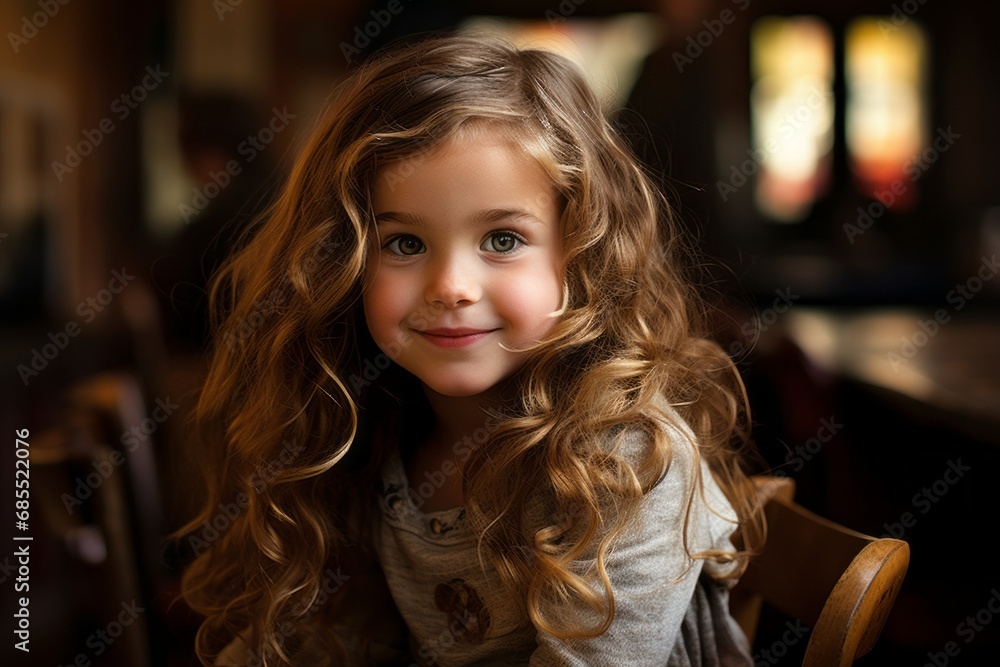 Portrait of a beautiful little girl with long curly hair in a cafe.