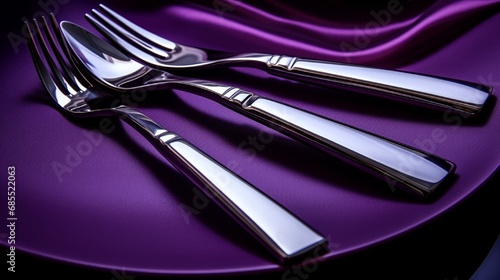Modern silver cutlery set on a deep purple surface. © Nature Lover