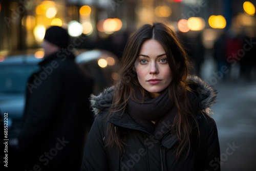 Beautiful brunette girl in the city at night wearing a coat