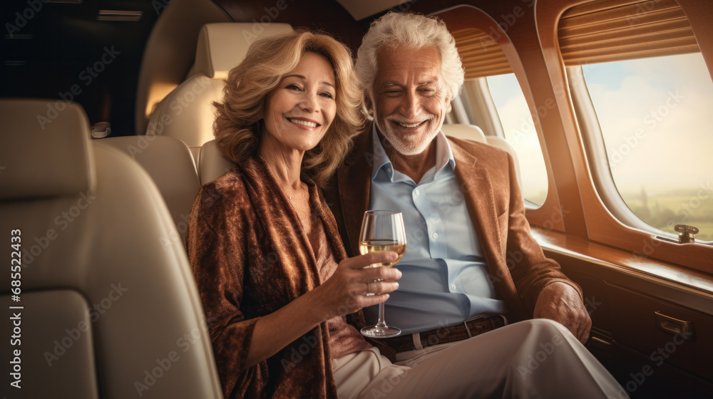 Elderly couple in business jet cabine celebrate with glasses of sparkling wine