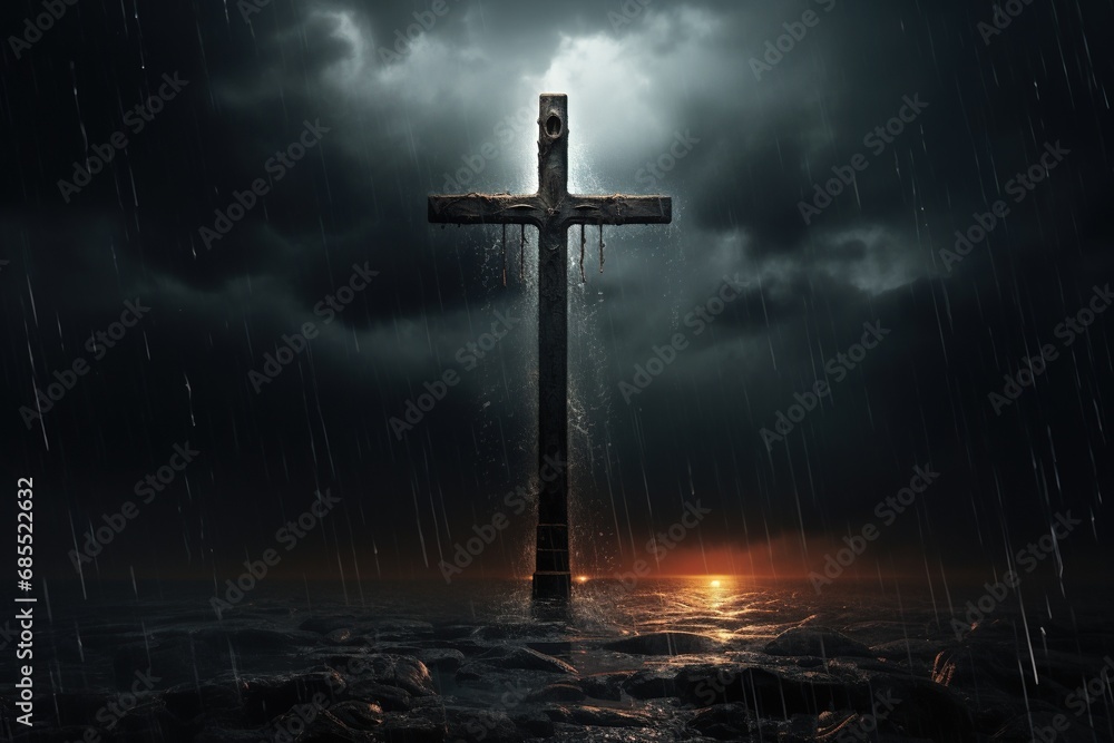 Naklejka premium Cross in the dark with stormy sky