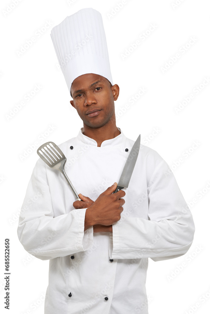 Portrait, cook and utensil for arms crossed with confidence in skill, knife or spatula in challenge. Black man, professional chef or competitive look on face on isolated or transparent png background Portrait, cook and utensil for arms crossed with confidence in skill, knife or spatula in challenge. Black man, professional chef or competitive look on face on isolated or transparent png background
