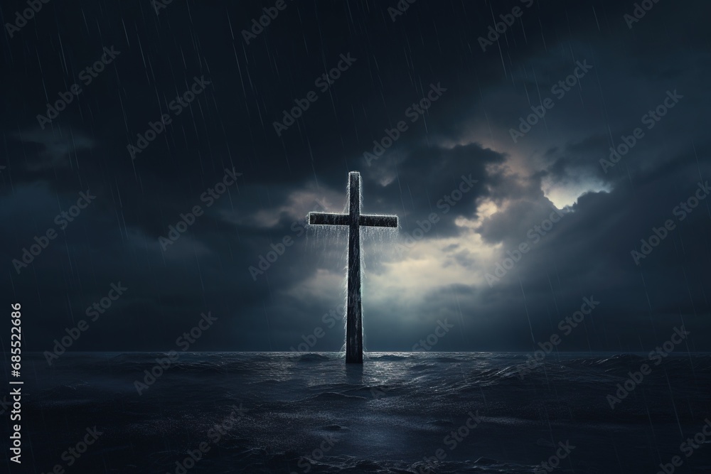 Naklejka premium Cross in the dark with stormy sky