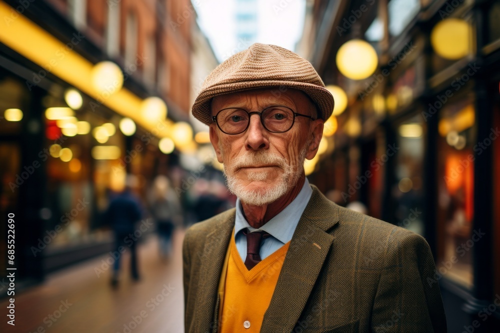 Portrait of a senior man in a hat and glasses on a city street. Portrait of a senior man in a hat and glasses on a city street.